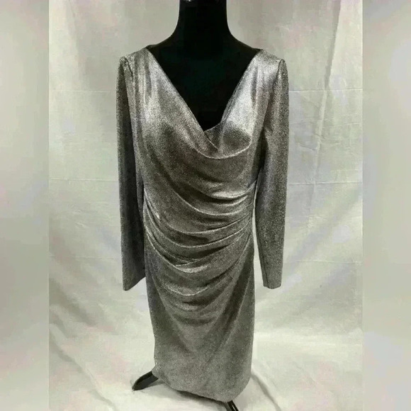 Talbot Runhof Metallic Dress Cocktail Size Silver Size 14/44 Ruched - Picture 1 of 11